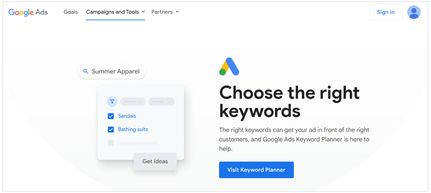 página inicial do planejador de palavras-chave do Google
